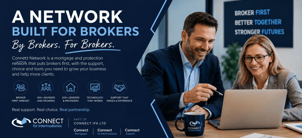 Connect for Intermediaries hero image showing brokers working together, with the message “A Network Built for Brokers” and broker-first mortgage network support.