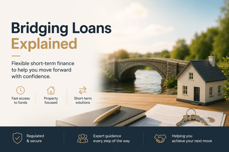 About Bridging Loans hero image showing a model home, bridge, documents and keys, representing short-term property finance and fast funding options.