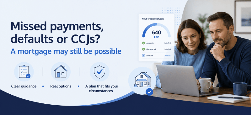 Adverse Credit Mortgages hero image showing a couple reviewing their options online, with supportive credit guidance, mortgage planning icons, and a reassuring message that a mortgage may still be possible.