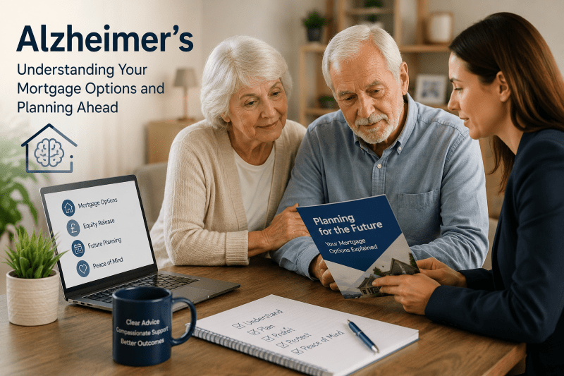 Alzheimer’s and Mortgage Protection Planning hero image showing an older couple discussing mortgage options, equity release and future planning with a compassionate adviser.