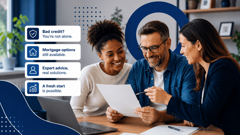 Diverse couple receiving mortgage advice at a table with an adviser, with on-brand dark blue icons and messaging about support and options for Bad Credit Mortgages.