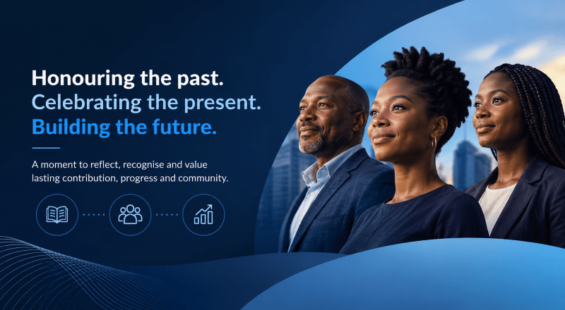 Black History Month hero image showing three Black professionals with blue branded icons for heritage, community and progress, alongside the message honouring the past, celebrating the present and building the future.