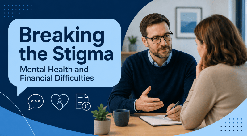 Breaking the Stigma hero image showing a calm adviser conversation about mental health and financial difficulties, with blue branded icons for support, wellbeing and finance.