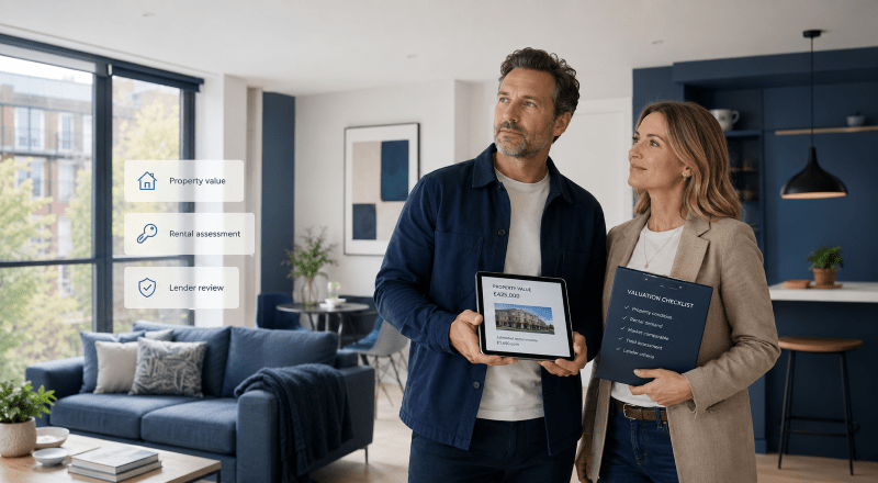 Buy-to-Let Mortgage Valuations showing a couple reviewing property value, rental assessment and lender review in a modern rental property