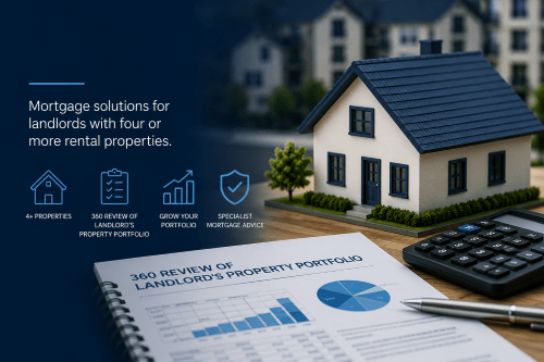 Buy-to-Let Portfolio Mortgages hero image showing a model rental property, calculator, portfolio review paperwork and icons for landlord portfolio assessment.