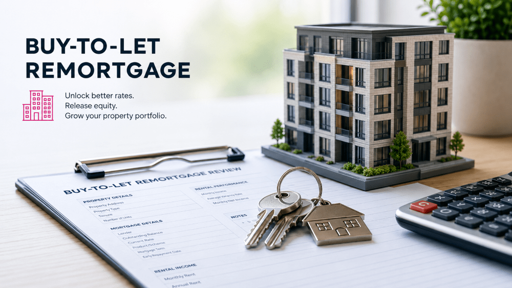Buy-to-let remortgage hero image showing a rental property model, keys, calculator and mortgage review paperwork for UK landlords.