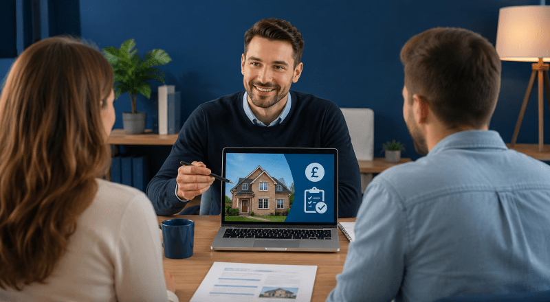 Can You Challenge a Mortgage Valuation? Adviser showing a white couple property valuation evidence on a laptop during a mortgage review.