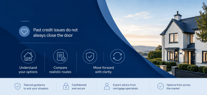 Can You Remortgage With Bad Credit? Blue branded mortgage banner with home, credit file, shield and refresh icons explaining realistic remortgage options.