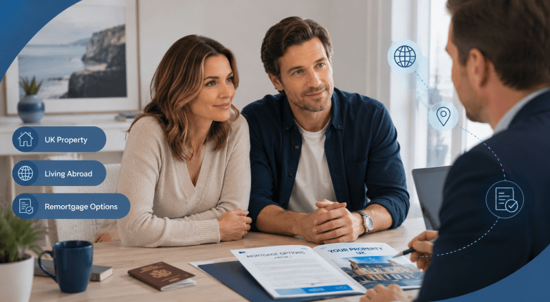 Can an Expat Remortgage a UK Property Abroad? Couple discussing UK remortgage options with a mortgage adviser while living overseas.