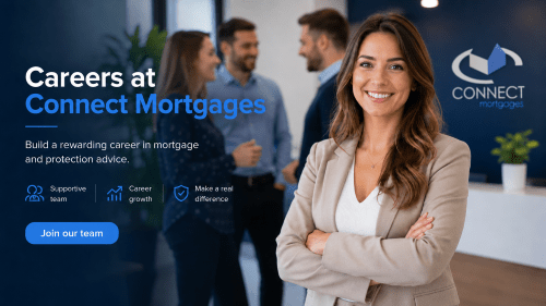 Careers at Connect Mortgages hero image showing a professional team in an office with Connect Mortgages branding, career growth icons and a join our team message.