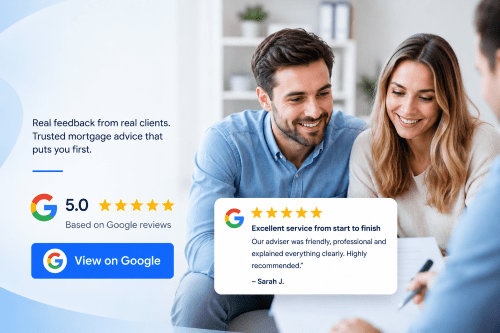 Client reviews hero image showing Google review rating, client feedback and a smiling couple receiving mortgage advice from Connect Mortgages.
