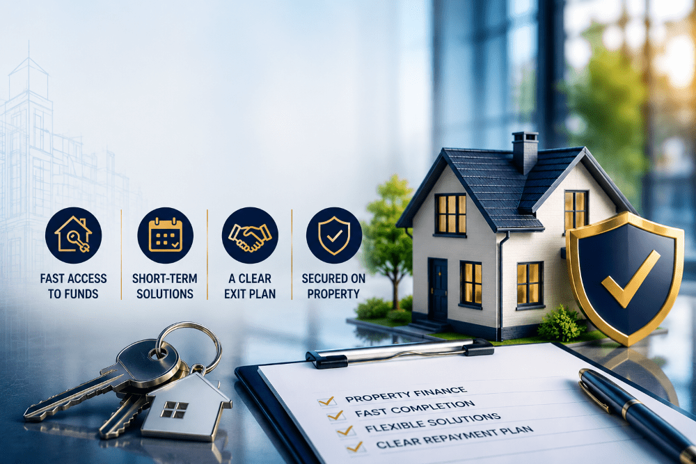 Closed bridging loans hero image showing a house model, keys, finance document and icons for fast funds, short-term solutions, clear exit plan and secured property finance.
