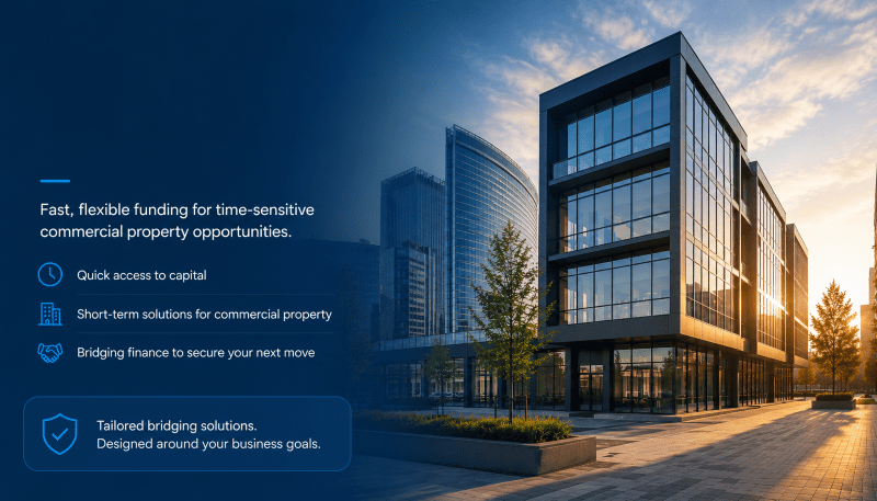 Commercial bridge loans hero image showing modern office buildings with key benefits of fast, flexible commercial property funding.