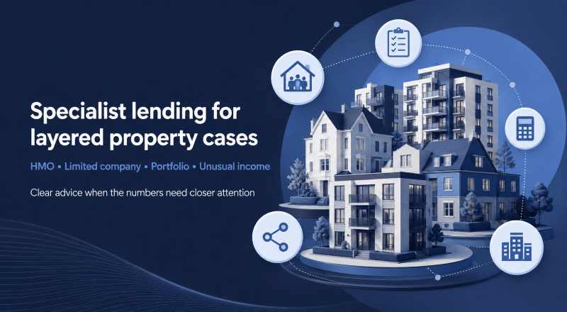Complex Buy-to-Let Mortgages hero image showing layered property cases, including HMOs, limited company buy-to-let, portfolio landlords, and unusual income scenarios, with residential buildings and finance icons in Connect Mortgages brand colours.
