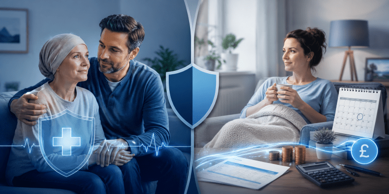 Critical Illness Cover vs Income Protection hero image showing health protection, financial support, recovery time, household income planning and insurance comparison visuals.