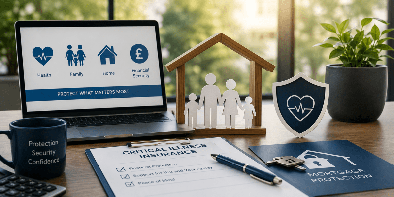Critical illness insurance hero image showing family protection, health cover, home security and financial protection symbols on a professional adviser desk.