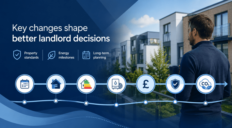 Crucial Milestones for Landlords hero image showing a landlord viewing modern rental properties, with timeline icons for property standards, energy milestones, compliance, finance and long-term planning.