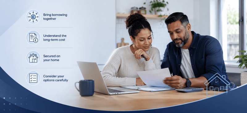 Couple reviewing paperwork at home with icons highlighting key points of a Debt Consolidation Mortgage Option, including bringing borrowing together, understanding long-term cost, securing debt against the home, and considering options carefully.