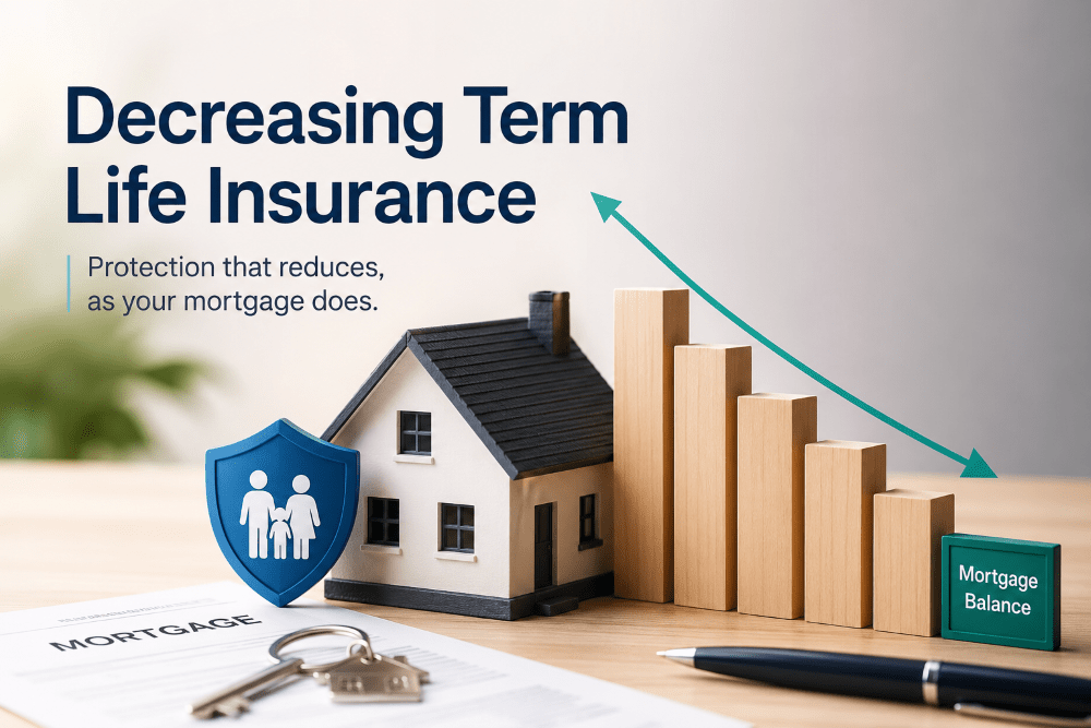 Decreasing term life insurance hero image with house, family protection shield and reducing mortgage balance blocks.