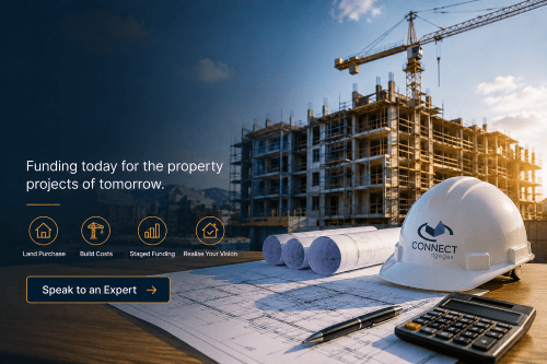 Development finance hero image showing a construction site, staged funding icons, building plans and Connect Mortgages branding on a hard hat.