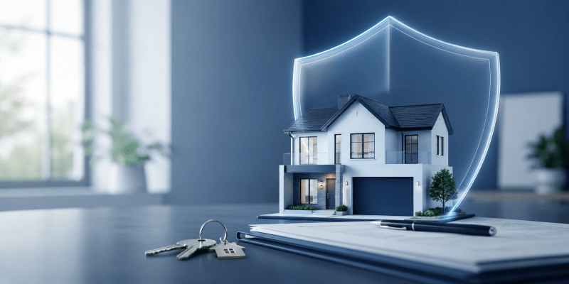 Do I Need House Insurance for a Mortgage? hero image showing a modern home protected by a glowing shield, with house keys and mortgage documents representing buildings insurance and lender protection.