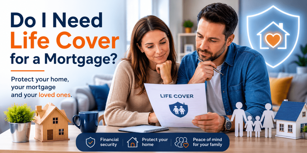 Family reviewing life cover documents at home with mortgage protection icons for the page Do I Need Life Cover for a Mortgage?