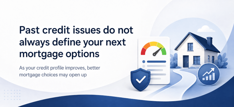 Do I Still Need an Adverse Credit Mortgage? Credit profile gauge pointing to good, with a home, protection shield and upward progress icon showing improved mortgage options.