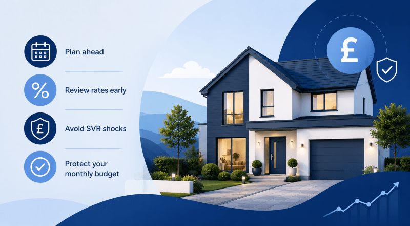 Early Remortgaging Strategy hero image showing a modern home with planning, rate review, pound, shield and budget protection icons in Connect Mortgages branded blue tones.