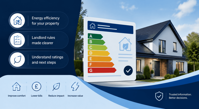 Energy Performance Certificate hero image showing a modern property, EPC rating chart, and icons for energy efficiency, landlord rules, lower bills, comfort and property value.