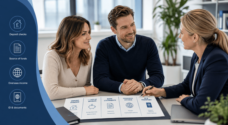 Expat Mortgage Deposits and Source-of-Funds Checks with a couple reviewing deposit evidence, overseas income and identification documents with a mortgage adviser.