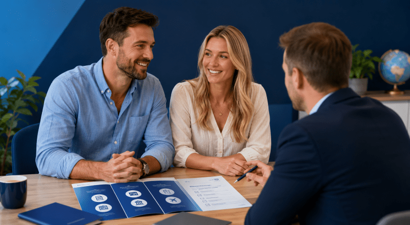 White couple reviewing expat mortgage documents with an adviser at a desk in a modern blue office.