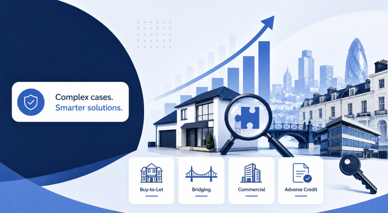 Explosive Surge in UK Specialist Lending hero image showing UK property, growth chart, magnifying glass puzzle icon, key, and specialist lending options including Buy-to-Let, Bridging, Commercial, and Adverse Credit.