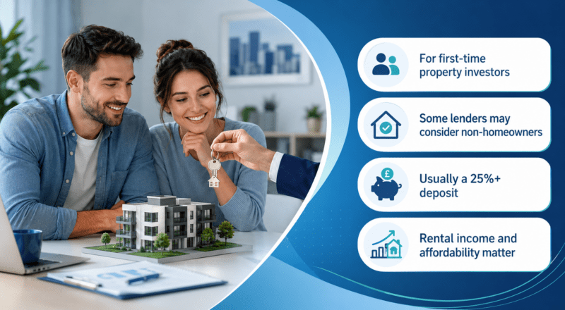 FTB Buy-to-Let Mortgages hero image showing first-time property investors receiving house keys, with icons explaining lender criteria, deposit needs and rental affordability.