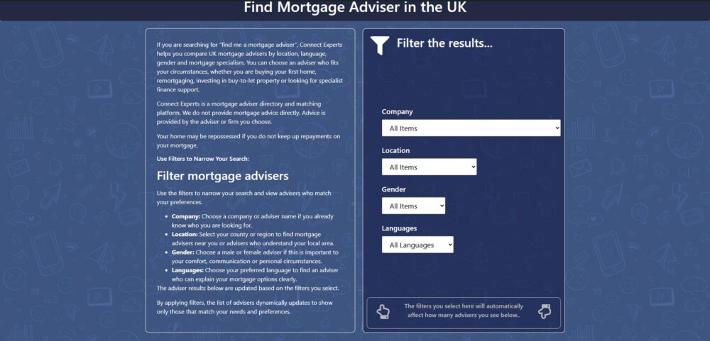 Find mortgage advisers in the UK using Connect Experts filters for company, location, gender and language.