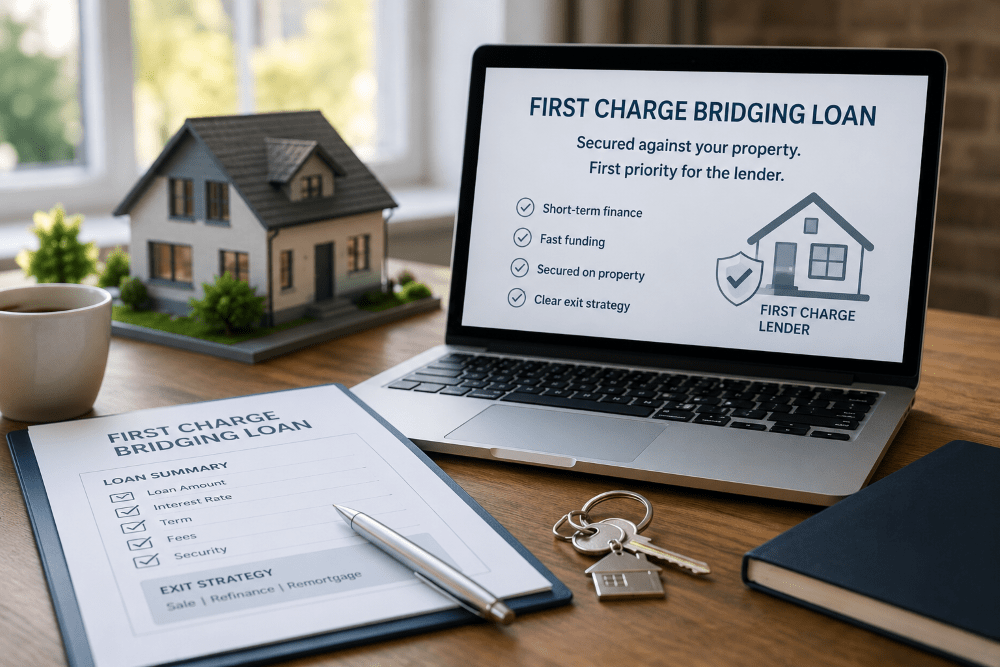 First charge bridging loan hero image showing a property model, keys and loan paperwork referencing secured short-term property finance and clear exit strategy