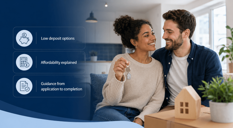 First-time buyers receiving keys in their new home with mortgage support icons for low deposits, affordability and application guidance