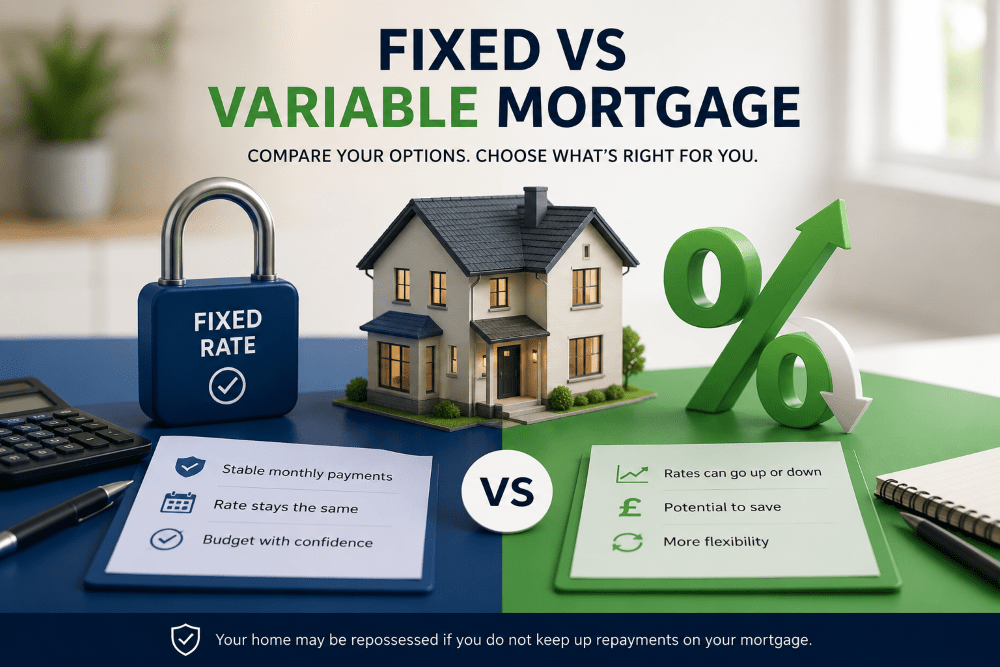 Fixed vs variable mortgage hero image showing a house between a fixed-rate lock and variable-rate percentage symbol, comparing payment certainty and flexibility.