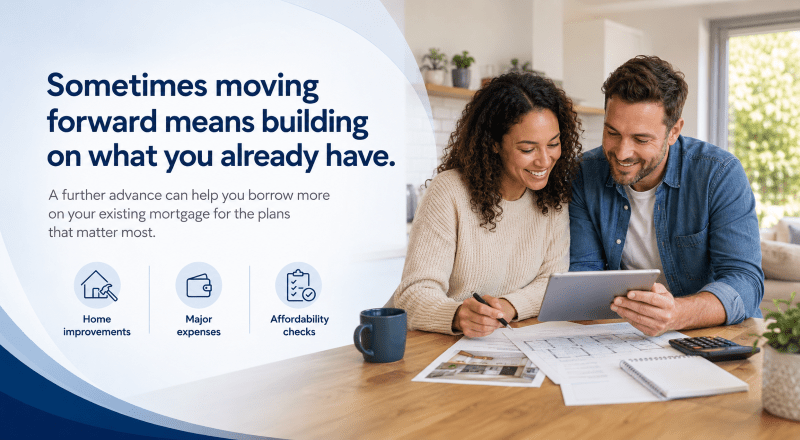 Further Advance Mortgage hero image showing a couple reviewing plans and finances at home, illustrating extra borrowing for home improvements, major expenses and affordability checks.