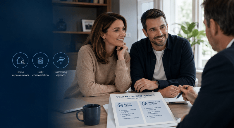 Further Advance or Second Charge Mortgage consultation with a couple reviewing borrowing options with an adviser.