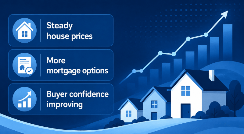 Gradual Recovery in the Housing Market with house price, mortgage option and buyer confidence icons beside an upward market trend graphic