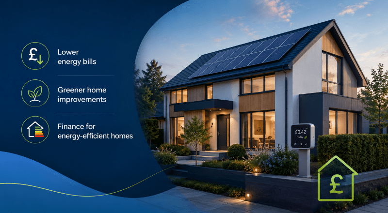 Green Mortgages & Energy-Efficient Home Finance UK with solar panel home, energy-saving icons and mortgage finance symbols