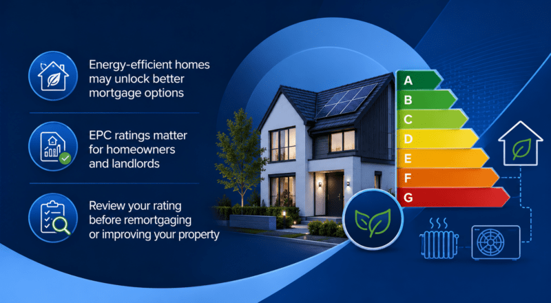 Green Mortgages and EPC Ratings hero image showing an energy-efficient home, EPC rating scale, eco icons, and mortgage guidance points in Connect Mortgages brand colours.