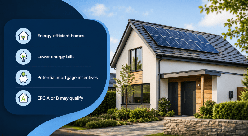 Green Mortgages hero image showing an energy-efficient modern home with solar panels, eco icons, lower energy bills, mortgage incentives and EPC A or B eligibility.