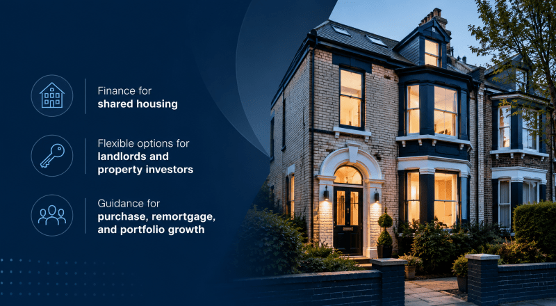 HMO Mortgages UK hero image showing a large multi-occupancy property at dusk, with icons and text highlighting shared housing finance, landlord options, and portfolio growth guidance.
