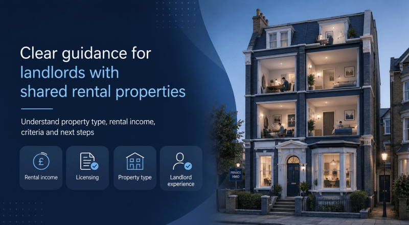 HMO Mortgages for UK Landlords hero image showing a large shared rental property, with guidance on rental income, licensing, property type and landlord experience.