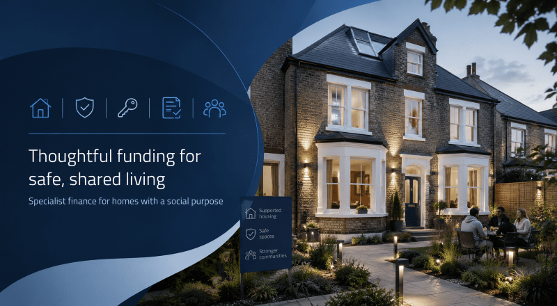 HMO Mortgages for Vulnerable Tenants hero image showing a well-kept shared housing property, community-focused living, and icons representing safe spaces, supported housing, and specialist finance.