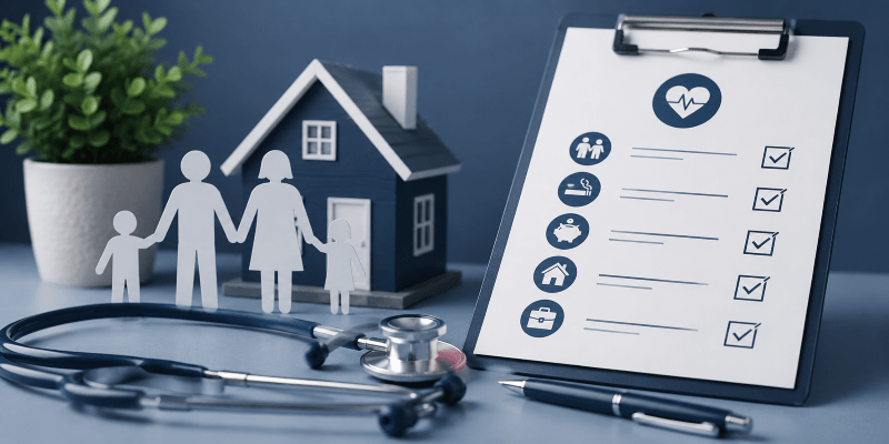 Health MOT hero image showing a family, home, medical checklist and stethoscope, representing a financial protection review for life insurance, critical illness cover and mortgage security.