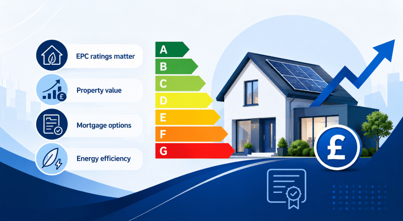 How EPC Regulations Affect Property Value with EPC rating scale, energy-efficient home, mortgage document icons and property value growth symbol