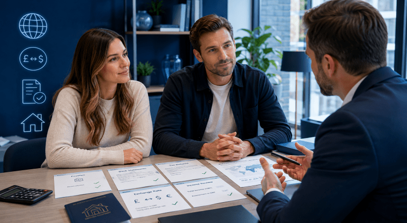 White couple discussing how foreign income is assessed for a UK mortgage with a professional adviser.