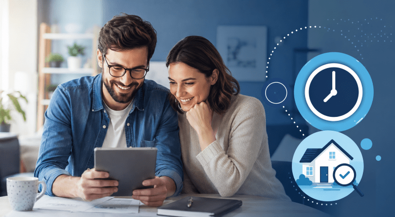 How Long Does a Mortgage Valuation Take? White couple checking mortgage valuation times on a tablet with clock and property valuation icons